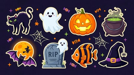 Fototapeta premium Cute Halloween sticker set with ghost pumpkin and cat illustration