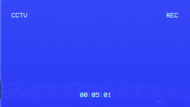 Blue cctv recording interface with digital timestamp and static noise