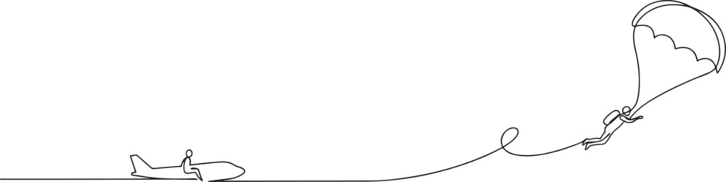 the continuous single drawn one line parachutist jumps out of the plane, the athlete. one line icon drawing vector
