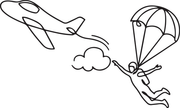 the continuous single drawn one line parachutist jumps out of the plane, the athlete. one line icon drawing vector