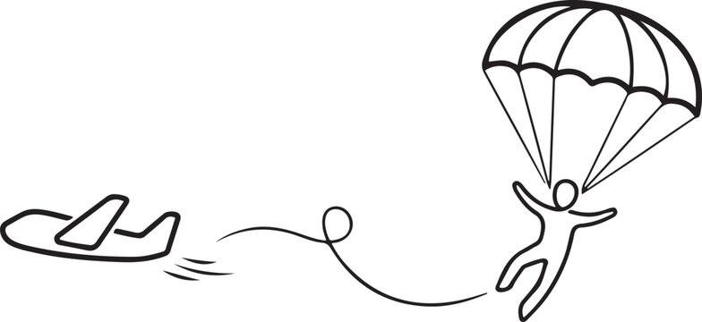 the continuous single drawn one line parachutist jumps out of the plane, the athlete. one line icon drawing vector