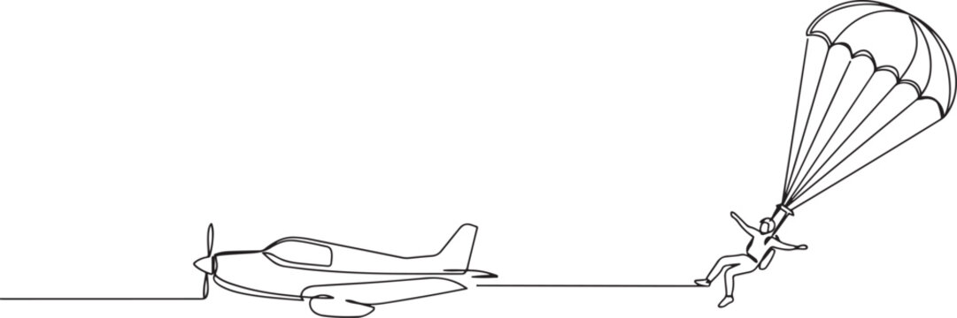 the continuous single drawn one line parachutist jumps out of the plane, the athlete. one line icon drawing vector