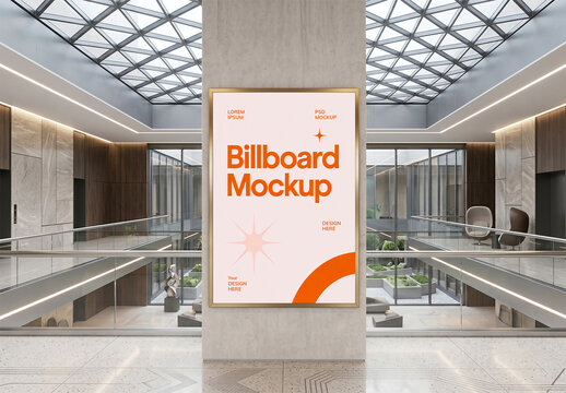 Realistic Vertical Billboard Mockup in Modern Indoor Office