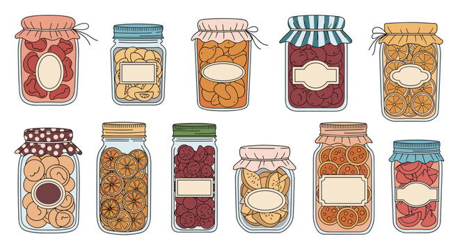 Array of glass jars filled with various preserved fruits and snacks including oranges, berries, and cookies with paper lids.