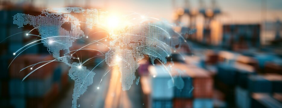 Digital world map with connections and containers in shipping port  