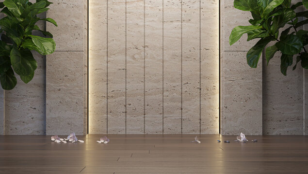3D rendering of a luxurious interior room featuring a natural stone wall with warm LED backlighting, rich dark wooden floors, large indoor plants, and scattered flower petals.