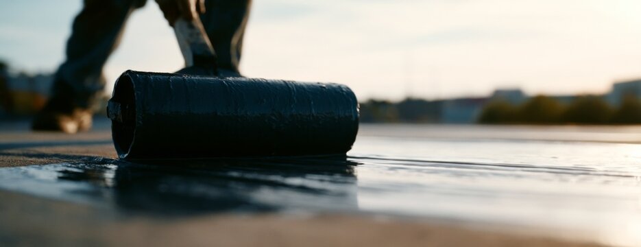 Worker applying waterproofing treatment to a roof with roller  