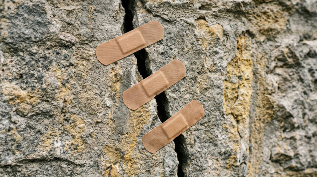 Adhesive bandages covering deep crack in stone wall, conceptual metaphor for temporary fix or inadequate solution, medical plaster on broken rock