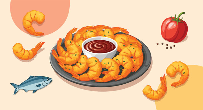 Platter of delicious cooked jumbo shrimp served with a spicy dipping sauce and garnished with fresh tomato and fish.