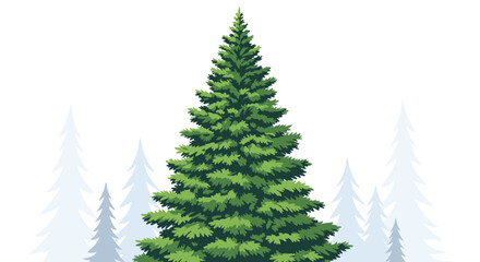 Fototapeta premium Tall green spruce tree standing prominently in a forest with several soft white pine tree silhouettes in the background.