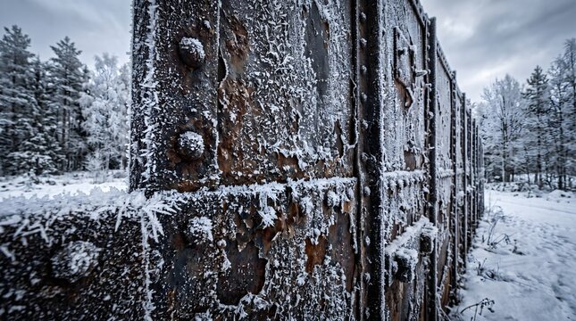 Ancient rusted iron wall covered with white frost crystals and frozen corrosion texture in winter landscape.