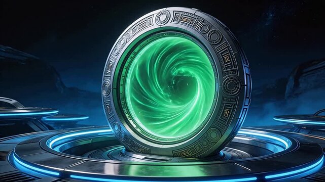 Futuristic portal with green vortex