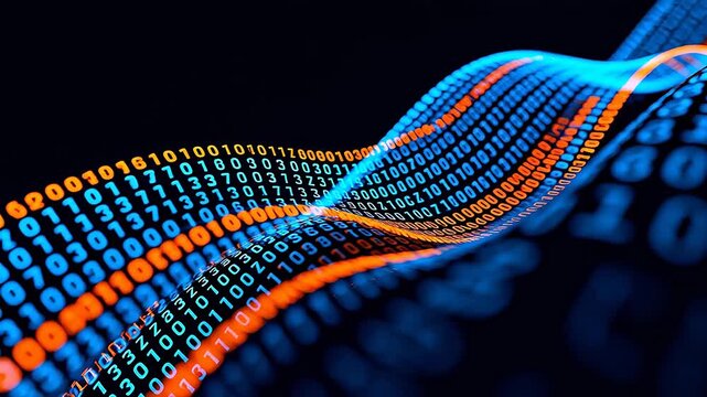 Binary code wave on dark background
