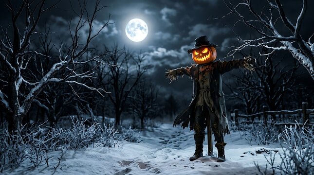 Scary pumpkin head scarecrow standing in a dark forest illustration