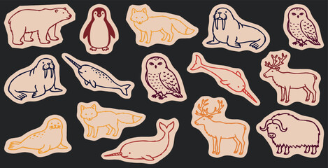 Set of various arctic animal illustrations, including a polar bear, penguin, fox, walrus, owl, narwhal, seal, reindeer, and musk ox. © Riki
