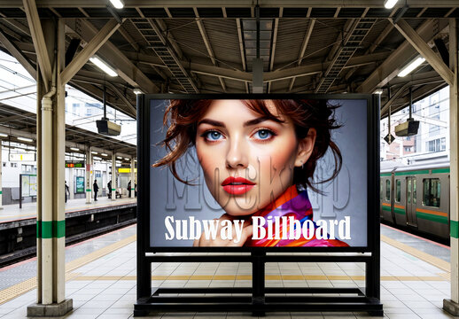 Subway billboard mockup on train station platform