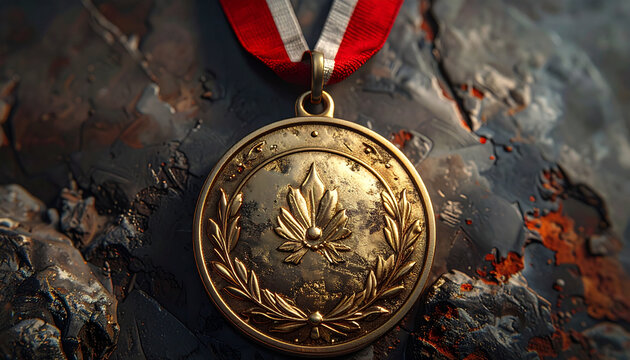 Close up of golden medal with red ribbon representing achievement and honor
