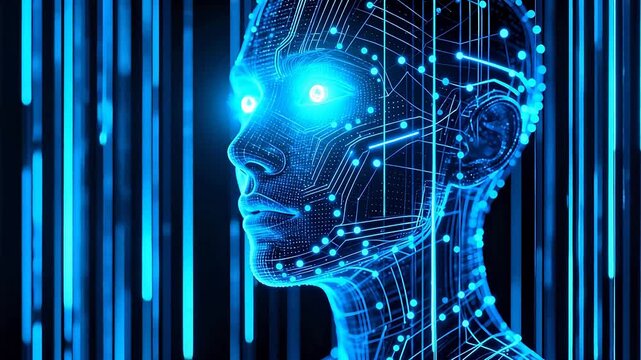 Blue glowing digital human head