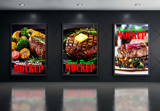 Three vertical food poster mockups on dark modern restaurant wall