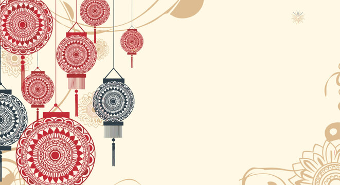 Decorative festive background featuring traditional hanging lanterns and complex mandala patterns on a cream color.
