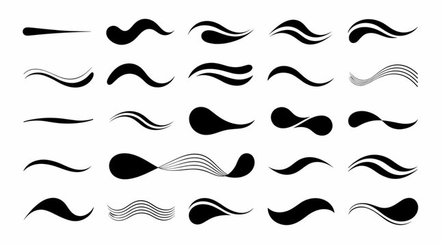 Dynamic Black Ink Liquid Splash Swirls and Abstract Fluid Wave Flash Silhouettes for Creative Textile Print Patterns and Comic Book Media Art Accents