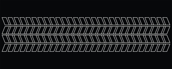 Abstract black background with white linear tire track pattern. Modern minimalist automotive backdrop with geometric rubber tread mark vector. © Alvin