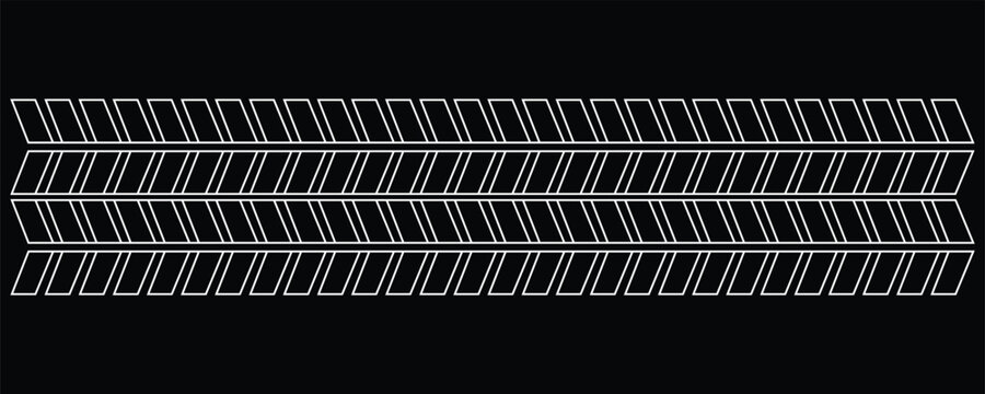 Abstract black background with white linear tire track pattern. Modern minimalist automotive backdrop with geometric rubber tread mark vector.