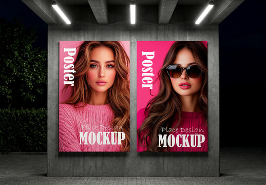 Two vertical outdoor poster mockups on concrete wall at night