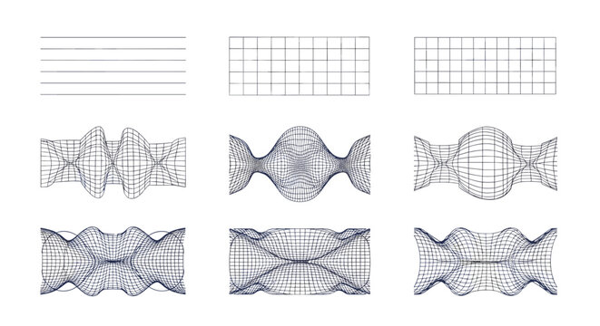 Abstract blue wireframe or mesh patterns on a white background representing data flow or complex physical waves.