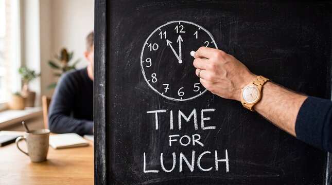 Chalkboard clock drawing with time for lunch message concept