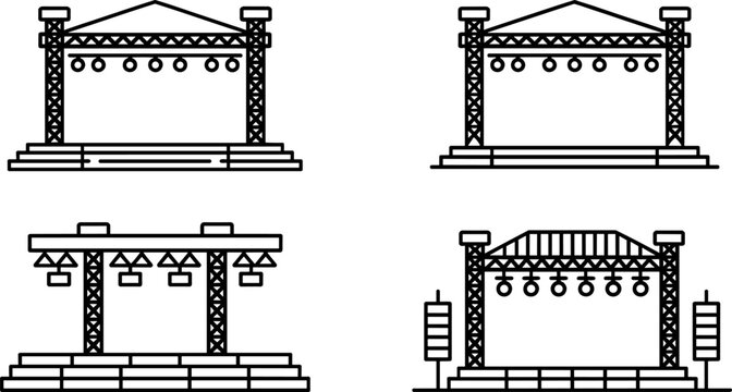 Concert Stage and Event Platform Icon Set with Lighting Rig Performance Venue and Festival Structures