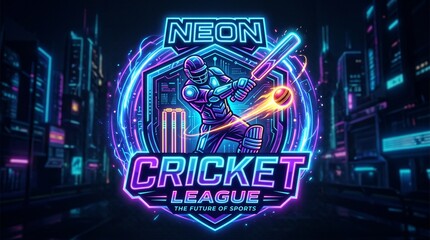 Obraz premium Neon cricket league logo glowing with futuristic energy, stylized player swinging bat, vibrant blue-purple-pink lights against digital textured background, merging traditional sport with modern cyb