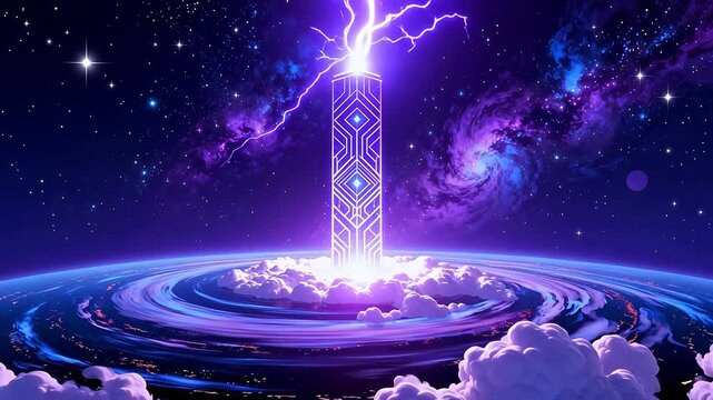 Futuristic tower in space with lightning