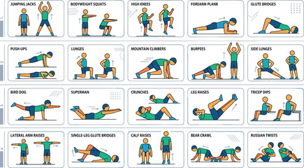 Fototapeta premium Bodyweight workout routine infographic chart displaying step by step fitness exercise cards for home training poster and gym coaching presentation template