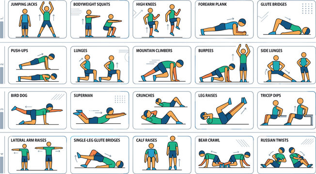 Bodyweight workout routine infographic chart displaying step by step fitness exercise cards for home training poster and gym coaching presentation template
