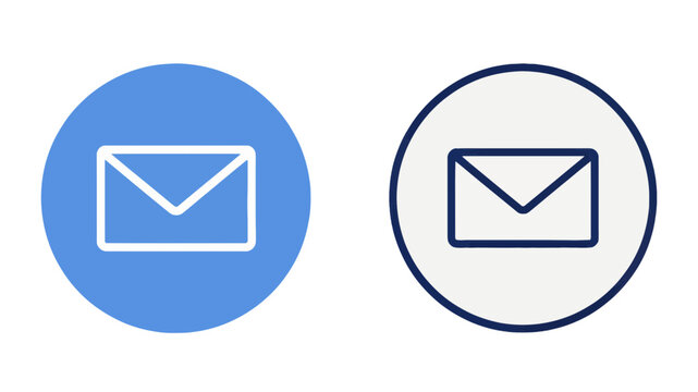 Vector illustration of two circular envelope icons for email communication and messaging, featuring both filled blue and outlined styles