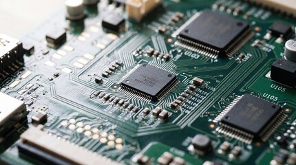 Fototapeta premium Selective focus PCB board with electronic components technology concept
