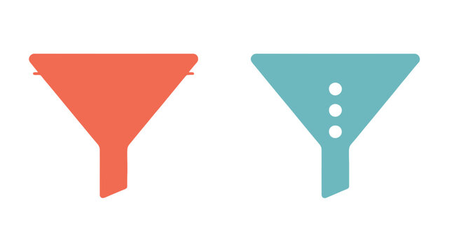 Information refinement icons depicting orange and teal funnels with level indicators for sales pipeline and data filtering concepts