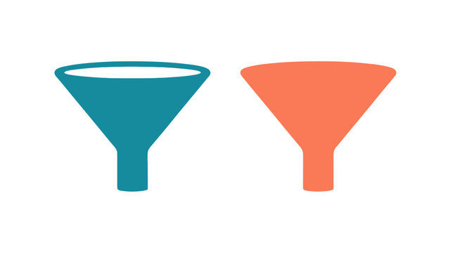 Data filtering process icons with teal and orange funnel symbols for business analysis and information sorting in flat vector design