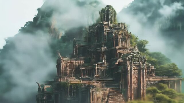 Ancient temple in misty mountains