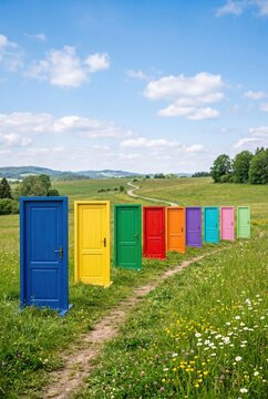 Colorful doors in meadow symbolizing choices and new opportunities