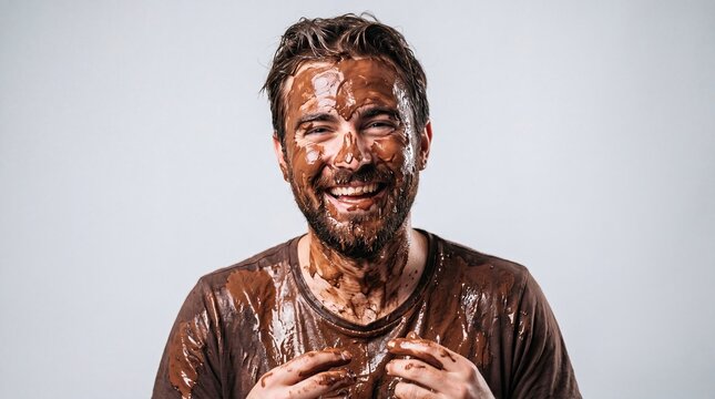 Man covered in melted chocolate playful messy food concept
