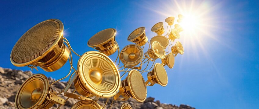 Golden loudspeakers rising under sunlight symbolizing powerful communication
