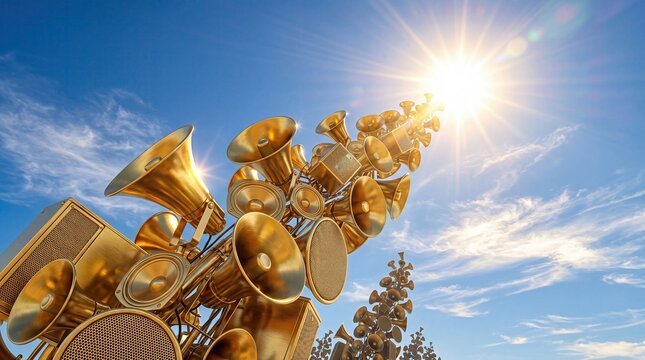 Golden loudspeakers rising under sunlight symbolizing powerful communication