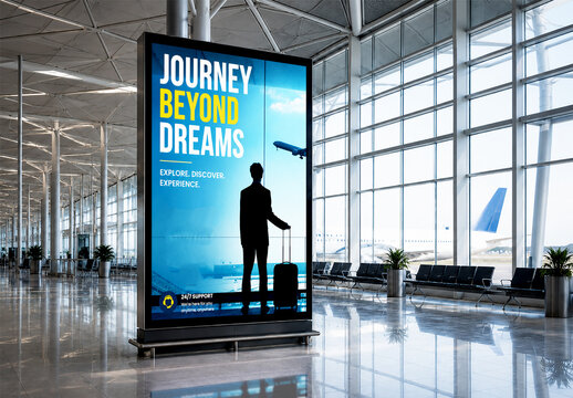 Vertical Advertising Display Mockup in Airport Terminal