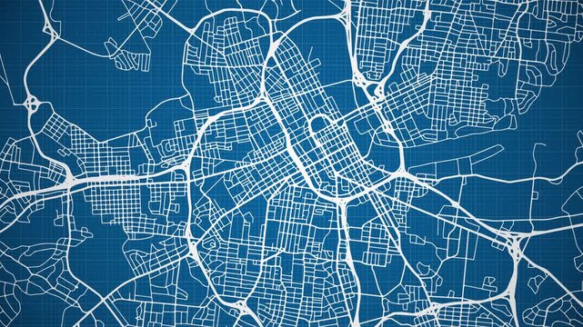 Ink reveal animation of Nashville, Tennessee (TN), United States of America, grid map. Aerial top view. Blueprint style. White lines with blue background. 4K Seamless loop.