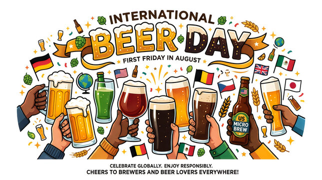International Beer Day Celebration Illustration with Diverse Hands Holding Beer Glasses and World Flags on White Background

