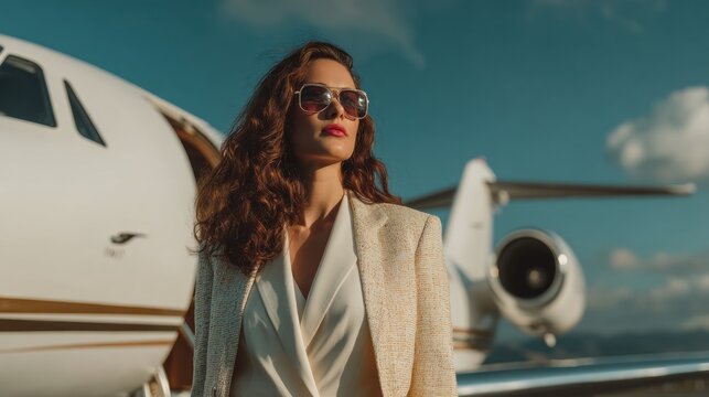 Elegant woman in a suit and sunglasses stands by a private jet on a sunny day