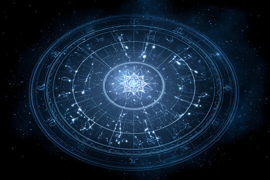Kosmische Illustration Eines Astrologischen Horoskop-Rades Mit Sternzeichen-Symbolen Vor Einem Funkelnden Sternenhimmel