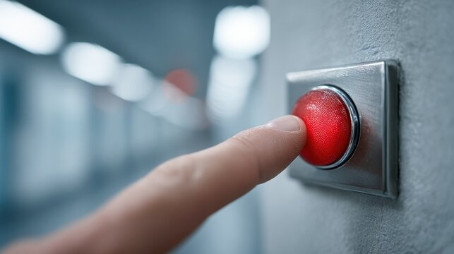 Finger pressing a glowing red emergency stop button with a metallic frame in a modern industrial